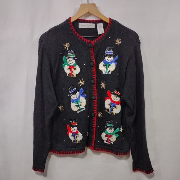 Victoria Jones Woman Sweaters - Vintage Victoria Jones Beaded Christmas Cardigan Sweater Women PXL Black Holiday